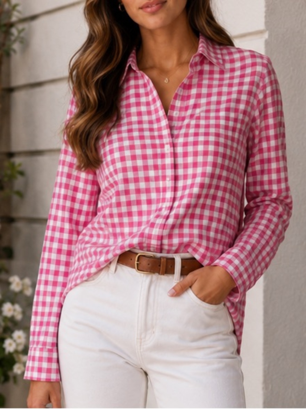 J.Crew Hot Pink Fuchsia Gingham Button-Up Cotton Shirt Large Office Preppy